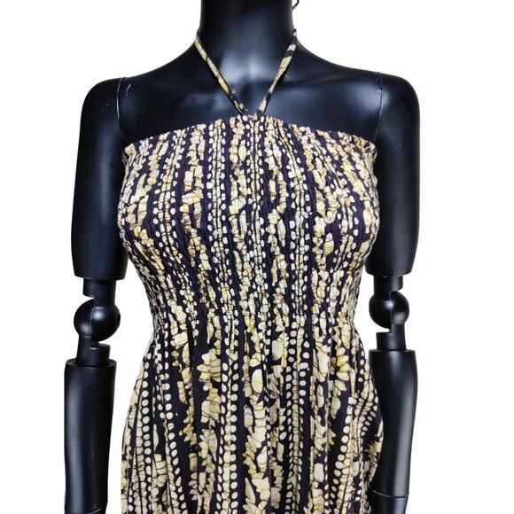 Halter Neck Tie Brown & Cream Strapless Boho Maxi Dress One Size - Picture 2 of 16